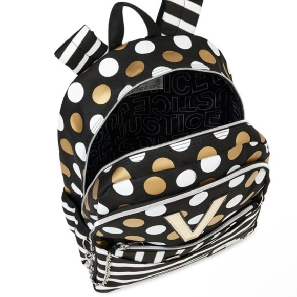Justice Backpack Initial V Black White Gold Polka Dots Bookbag & Wristlet NEW - Picture 4 of 5
